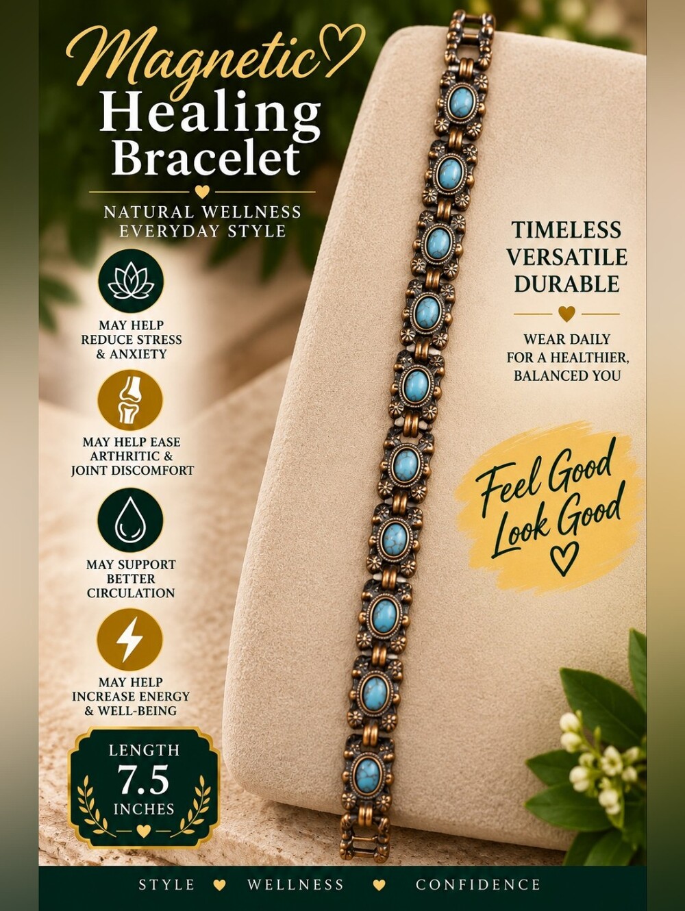 Magnetic Healing Bracelet - Turquoise Stones in Copper